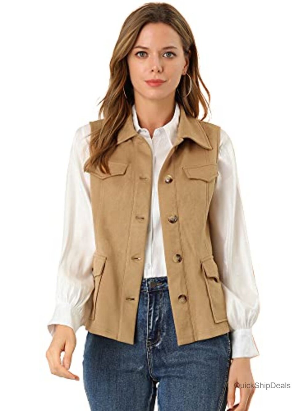 Faux Suede Vest Button Down Utility Pocket Flap Sleeveless Fall Jacket